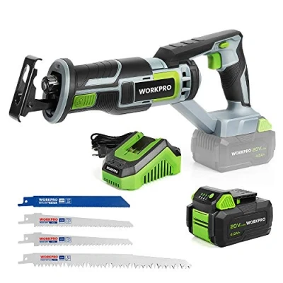 Image de WORKPRO Scie Sabre sans Fil 20V, à Batterie 4,0Ah, Alternative avec 4 Lames de Scie, Idéal pour Couper Bois, Métal et PVC, Chargeur Inclus