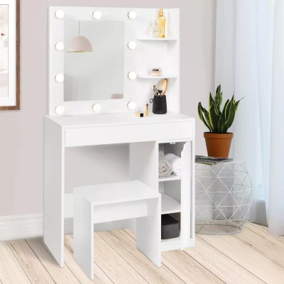 Image de Coiffeuse blanche avec miroir LED et tabouret 1 tiroir