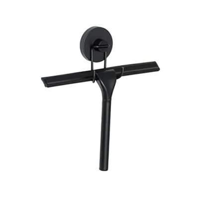 Image de WENKO Raclette de Douche et Support Mural Système Fixation Vaccum Loc® sans perçage repositionnable Trace Inclus Supporte jusqu&#039;à 33kg Charge Acier INOX 25 x 21,5 6 cm Noir