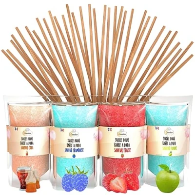 Image de GREENDOSO® Sucre Barbe à Papa pour Machine (4x320 gr) Lot de 4 Goûts (Fraise/Cola/Framboise/Pomme) 50 Bâtonnets