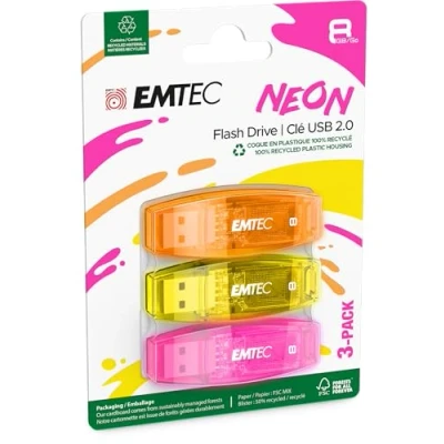 Image de EMTEC Clé USB 2.0 C410 , Mémoire Flash Drive De 8 Go, Lecture 5Mb/S, Écriture 15Mb/S Compatible 2.0, 3.0, Transparentes Néon Fluo Avec Capuchon Pack 3