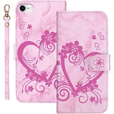 Image de Bartern Coque Apple iPhone SE 2020/SE 2022 Rabat,Housse 8/7 Clapet,Aimer/Cœur+Fleurs Portefeuille Etui avec Fonction Support et Porte Carte,Marbrure Cuir PU Flip Cover Case.Rose