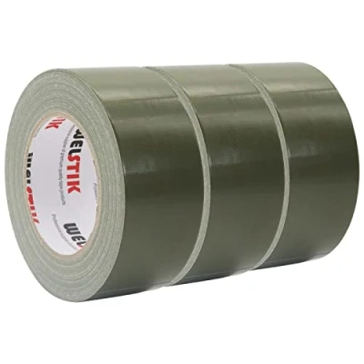 Image de WELSTIK Lot de 3 rouleaux ruban adhésif professionnel 48 mm x 27 m imperméable en tissu coloré pour réparations, bricolage, artisanat, utilisation intérieur et extérieur, vert olive