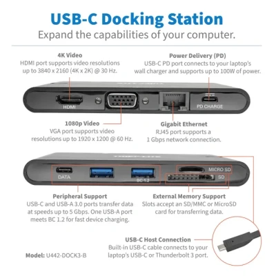 Image de EATON TRIPPLITE USB C Dock 4K HDMI VGA 3.2 Gen 1 A/C Hub GbEemory Card 100W PD Chargi