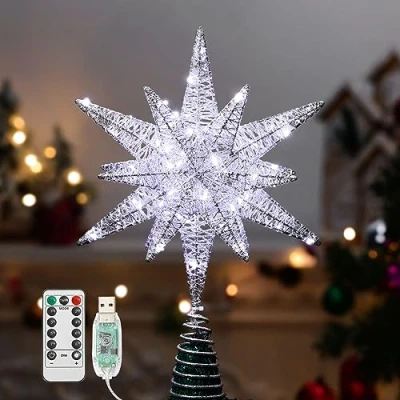 Image de Lewondr Etoile Sapin de Noel, Pointe d&#039;Etoile Hexagonale pour Noël Alimenté par Pile/USB avec Lumières LED + Base en Spirale, Decoration Noel Maison Salon Chambre Jardin Argent
