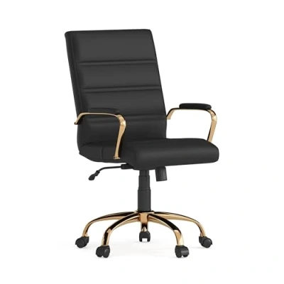 Image de Flash Furniture Chaise de Bureau Whitney à Dossier Moyen Cuir Noir pivotante Soft Executive avec Structure dorée Fauteuil pivotant
