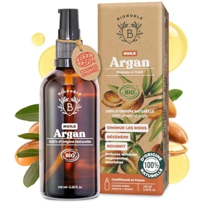 Image de Bionoble Huile d&#039;Argan Bio 100ml + Pipette et Pompe Bouteille en Verre 100% Pure, Naturelle, Pressée à Froid Argan Cheveux Visage Corps Pure Organic Oil, dArgan