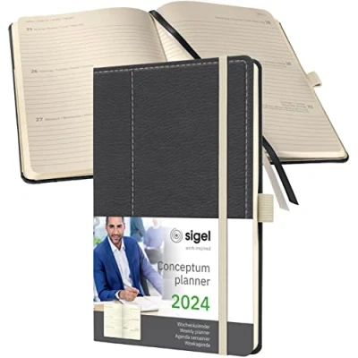 Image de SIGEL C2457 Agenda semainier 2024, motif rétro, A5, couverture rigide, gris, blanc Conceptum