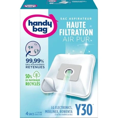 Image de Handy Bag Sacs aspirateur Y30 x4sacs Compatibles Moulinex, Rowenta, LG 99,99% des poussières retenues Fermeture facile Filtre anti allergène 50% de matériaux recyclés ou renouvelables