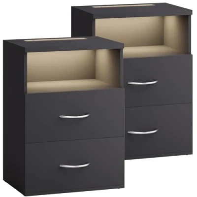 Image de CASARIA 2x Table de nuit avec éclairage LED Touch Anthracite 40x28x55cm en Bois 2 tiroirs chevet Chambre à coucher
