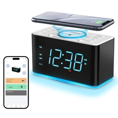 Image de Radio réveil avec Chargeur sans Fil 15W, APP contrôle, FM Radio, Bluetooth, Deux Ports de Charge, Double réveil, minuterie Sommeil, Snooze, gradateur Manuel Automatique iTOMA 207A