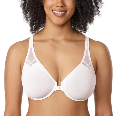 Image de DELIMIRA Femme Soutien Gorge Fermeture Devant Invisible Grande Taille avec Armature Decollete Plongeant Dos Nageur Blanc de Coco 110E