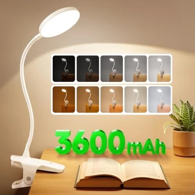 Image de Lampe de Bureau Sans Fil, 5 Luminosité+5 Température Couleur Lecture, 3600mAh Led Rechargeable,360 Flexible Pince Chevet Fil,Lampe Table Fil Lecture