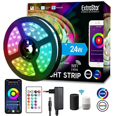 Image de EXTRASTAR Bande LED IP65, Ruban 5m Wi Fi RGB étanche SMD, compatible avec Alexa et Google Assistant, application contrôlée musique, multicolore pour maison, bar, fête, 12 V
