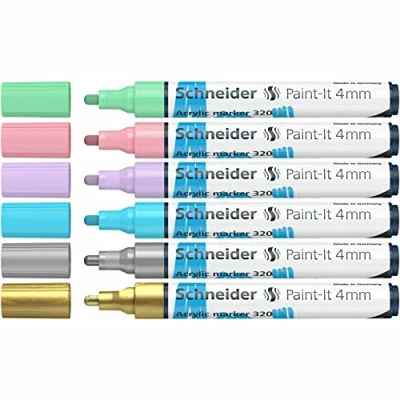 Image de Schneider Paint It crayons acryliques (Set 3 avec pointe ogive de 4 mm, peintures à haut recouvrement pour bois, toile, pierre, etc.), Lot 6