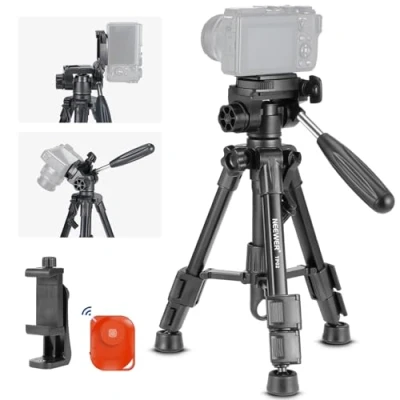 Image de Neewer TP02 Mini trépied de Bureau pour Appareil Photo et téléphone avec tête inclinable à 3 Voies, poignée télécommande, vidéo Portable en métal Plaque 6 cm