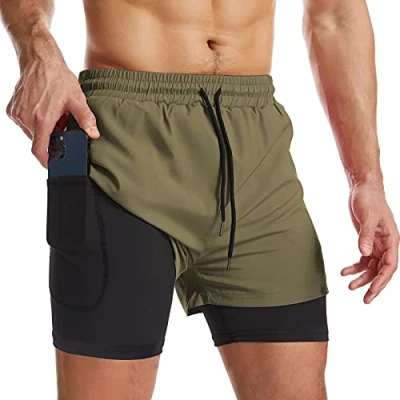 Image de Danfiki Short de Sport 2 en 1 Respirant pour Homme avec Poches Séchage Rapide Leggings Poche Base Layer Stretch,Vert,M
