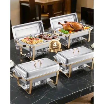 Image de VEVOR Chauffe Plat 4PCs 7,5 L, Buffet Chauffant Rectangulaire, Réchaud en INOX, avec 2 Bacs Pleine Taille, 6 Demi Taille et Couvercle, pour Libre Service Hôtel Traiteur Restauration, Doré