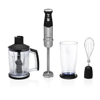 Image de Mixeur plongeant 1000 Watts, 4 lames Pied 25 cm en acier inoxydable et poignée Soft Touch Avec verre mesureur, grand hâchoir fouet