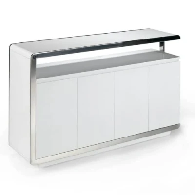 Image de Angel CERDÁ Buffet en Bois laqué Blanc Brillant, avec Quatre Portes, Double système de Fermeture retardée, Structure et Pieds Acier chromé, Style Moderne