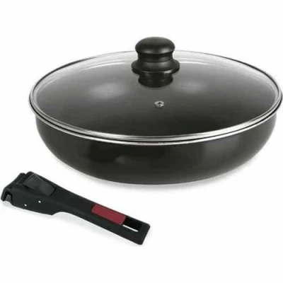 Image de Sitram 712380 Sauteuse Agile 28 cm en aluminium revêtement Noir anti adhérent sans PFOA manche amovible clipsable couvercle verre tous feux dont induction, 3 liters,