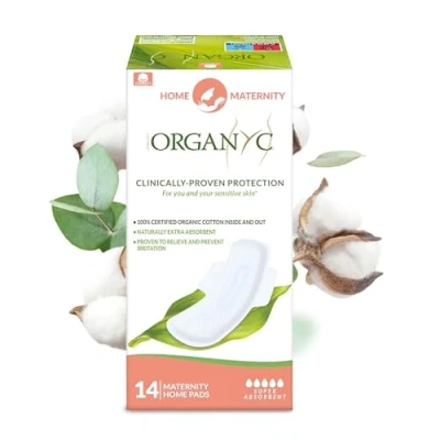 Image de ORGANYC compresses post partum, grandes confortables pour les journées à flux moyen, fabriquées en coton biologique certifié