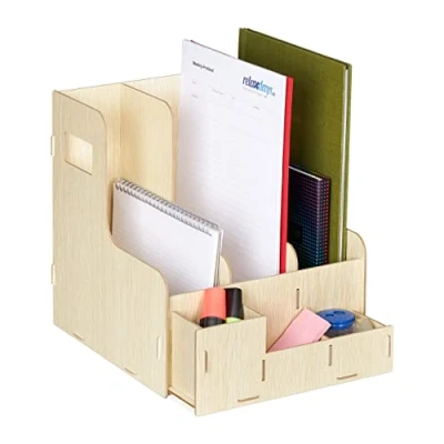 Image de Relaxdays Porte Documents, 3 Compartiments, Format A4, Organiseur Bureau, Travail et école, Rangement, MDF, Nature