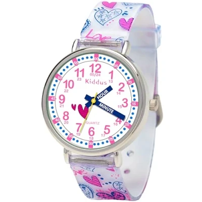 Image de Kiddus Montre Bracelet Éducative pour Enfants. Analogique avec Exercices. Mécanisme en Quartz Japonais. English Version. Hearts