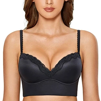 Image de DOBREVA Femme Soutien Gorge sans Armatures Rembourré Push Up Triangle Bralette en Dentelle Noir 105B