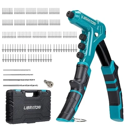 Image de LIBRATON Pince à Riveter Professionnelle, Riveteuse Manuelle, Rivet Aveugle, Pistolet Pop avec 4 Types de Perceuses HSS et 200 Pièces Rivets 2,4mm 3,2mm 4mm 4,8mm