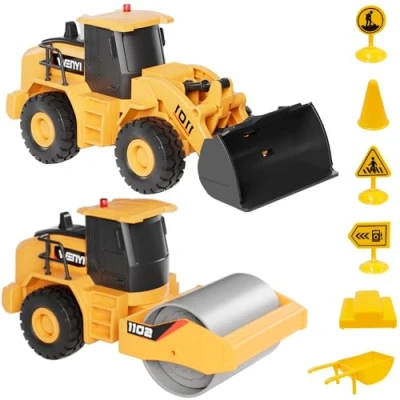 Image de GizmoVine 2 Pièces Engins de Chantier Jouet, Bulldozer Road Roller avec Musique et Lumière, Camion Modèle Simulation 1:32, Cadeau pour Enfants 3 4 5 6 7 8 Ans