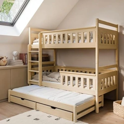 Image de Kids Collective Lit mezzanine, 90 x 200 cm, superposé, avec fonction extensible, deux tiroirs, sommier à lattes, protection anti chute, transformable en trois lits simples, bois massif naturel