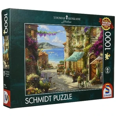 Image de Schmidt Spiele Thomas Kinkade 59624 Puzzle de 1000 pièces Motif café sur la Riviera italienne Multicolore, structure en lin
