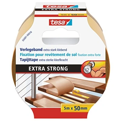 Image de Tesa Extra Strong Ruban Adhésif Double Face de Fixation pour Sols Irréguliers Rouleau Auto Antidérapant Moquette et Revêtements Sol en PVC 5 m x 50 mm