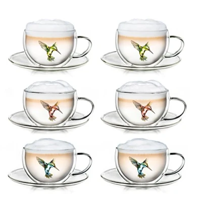 Image de Creano Set de 6 Verres isothermes à Double paroi avec Motif Colibri pour thé, café, Latte Macchiato etc., Verre Ornement Oiseau/Colibri 250ml en boîte Cadeau