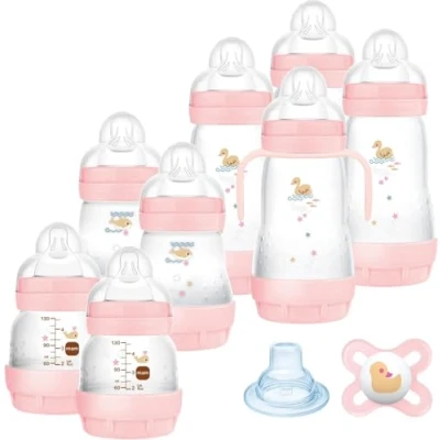 Image de MAM Biberon Easy Start Lot de 8 biberons en formats 130 ml, 160 ml et 260 1 sucette démarrage nano, 4 tampons d&#039;étanchéité, bec extra doux poignées, couleur rose, 730 g