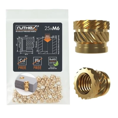 Image de ruthex Insert fileté M6 Short Lot de 25 douilles filetées RX x 6,8 en laiton Écrou d&#039;insertion stable pour pièces plastique Utilisable par chaleur dans des d&#039;impression 3D