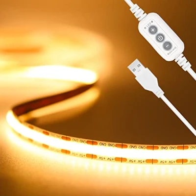 Image de PAUTIX USB COB LED Bandes Blanc Chaud 5V,2m 640LEDs Gradateur Bande lumineuse 2700K TV Rétroéclairage, Ruban Flexible pour Armoire, Chambre, Éclairage Maison DIY
