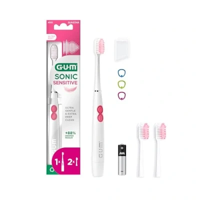 Image de GUM Sonic Sensitive Brosse à dents électrique alimentée par batterie Très portable Offre un nettoyage ultra doux et en profondeur 1 brosse, 2 têtes de rechange, pile AAA (Blanc)