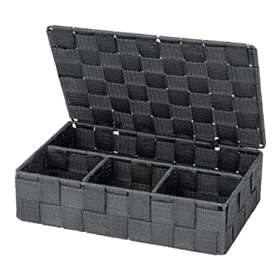 Image de WENKO Corbeille De Salle Bain avec Couvercle Adria, Boîte Rangement Tendance 4 Compartiments, Plastique Tissé, 100% Polypropylène, Dimensions: 26 x 7,5 17 cm, Gris Foncé