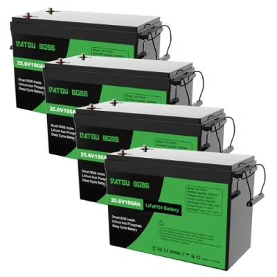Image de DATOUBOSS 4 * Batterie 24V 100Ah LiFePO4, Lithium avec BMS 100A, 4000 15000 Cycles Profondes, 2560Wh Energie, Prise en Charge Connexion Série/Parallèle, pour Camping Car, Système Solaire