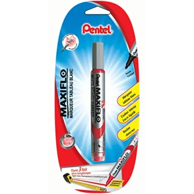 Image de Pentel Maxiflo MWL5S Marqueur effaçable pour tableaux blancs pointe conique moyenne avec bouton poussoir réencreur, Blister x1 Rouge