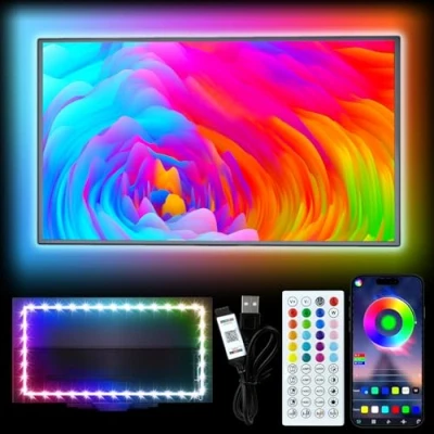 Image de HEXJOSGL bande lumineuse LED pour TV, 5 m TV de 50 à 75 pouces, rétroéclairage RVB l&#039;arrière, synchronisation la musique, application Bluetooth et télécommande, alimentée