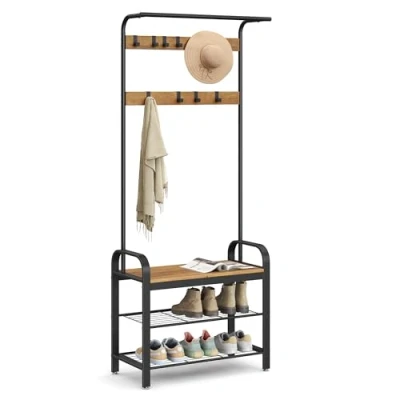 Image de VASAGLE Porte Manteau avec Étagère à Chaussures, Meuble d’Entrée Banc, 4 en 1, 9 Crochets Amovibles, Vestiaire, 33,7 x 72 183 cm, Style Industriel, Marron Châtaigne et Noir HSR040B41