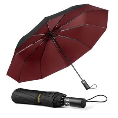 Image de TechRise Parapluie Pliable, Automatique Compact Coupe vent avec 10 Baleines, Ouverture et Fermeture Automatiques à un Seul Bouton, Portable pour Hommes Femmes, Rouge Noir