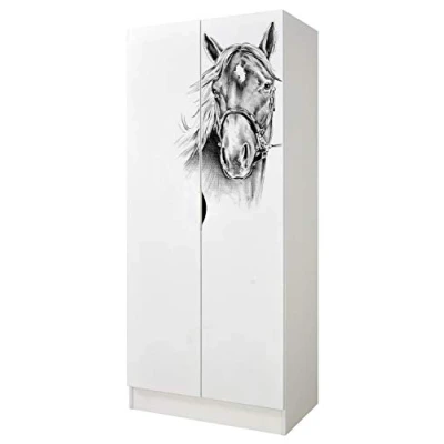 Image de Leomark Armoire à Deux Portes Roma avec fonctionnelles, penderie pour vêtements, Style scandinave, Meubles Enfants Dim: 161,5 (H) cm (Impression UV: Portrait d&#039;un Cheval)
