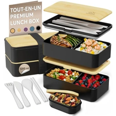 Image de Umami Bento lunch Box, 2 Pots à sauce &amp; couverts Inclus, Lunchbox Micro Ondable, Boîte Adulte, Repas Compartimentée,
