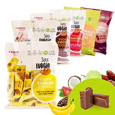 Image de SUPER FUDGiO Bonbon de vache Vegan Caramel doux Bonon à base d&#039;ingrédients naturels Sans huile palme Avec lait coco 100% bio et sucre noix 6 x 150 g
