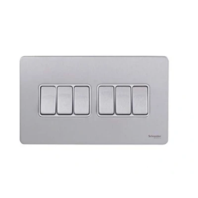 Image de Schneider Electric Plaque plate sans vis ultime Interrupteur à bascule 6 interrupteurs bidirectionnels, unipolaire, 16AX, GU1462WSS, en acier inoxydable avec insert blanc