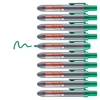 Image de edding retract 12 Marqueur pour tableaux blancs Vert 10 stylos Pointe ronde 1,5 3 mm sans capuchon une utilisation d&#039;une main sur tableau blanc, magnétique, en liège, mémo et chevalet